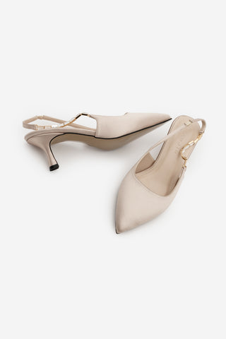 Kadın Stiletto Taşlı Topuklu Ayakkabı Zemora - Bej Saten