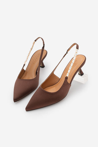 Kadın Stiletto Taşlı Topuklu Ayakkabı Zemora - Kahve Saten