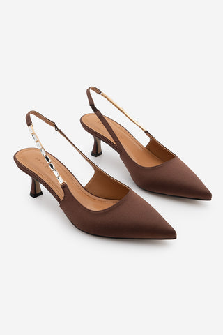 Kadın Stiletto Taşlı Topuklu Ayakkabı Zemora - Kahve Saten