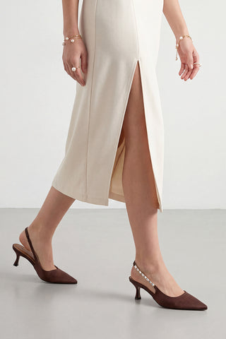 Kadın Stiletto Taşlı Topuklu Ayakkabı Zemora - Kahve Saten