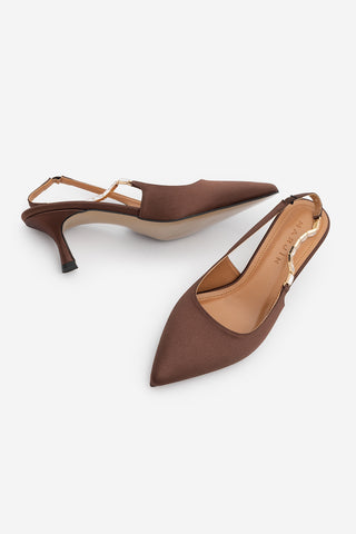 Kadın Stiletto Taşlı Topuklu Ayakkabı Zemora - Kahve Saten