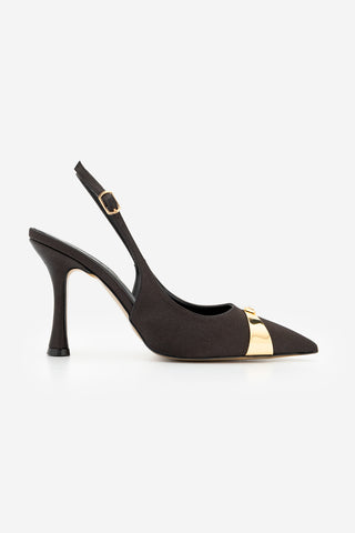 Kadın Stiletto Taşlı İnce Topuklu Ayakkabı Belove - Siyah Saten