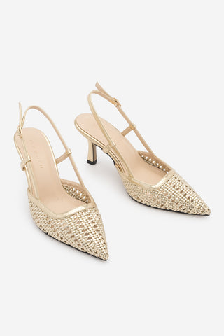 Kadın Stiletto Sivri Burun El Örgüsü Klasik Topuklu Ayakkabı Reveno - Altın