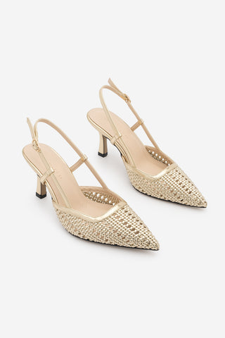 Kadın Stiletto Sivri Burun El Örgüsü Klasik Topuklu Ayakkabı Reveno - Altın