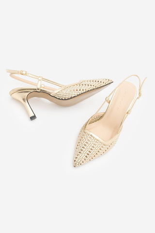 Kadın Stiletto Sivri Burun El Örgüsü Klasik Topuklu Ayakkabı Reveno - Altın