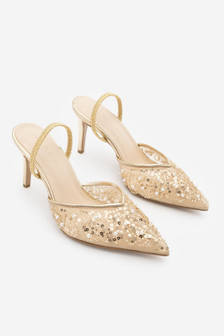 Kadın Stiletto İşlemeli File Boncuklu Topuklu Ayakkabı Sendi - Altın