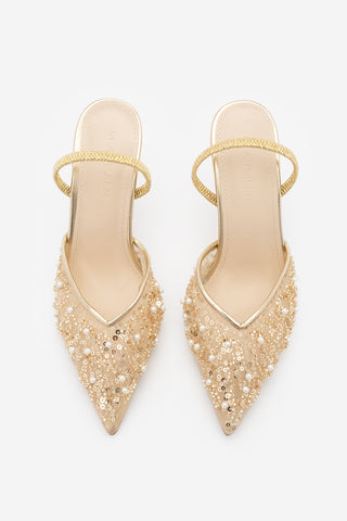 Kadın Stiletto İşlemeli File Boncuklu Topuklu Ayakkabı Sendi - Altın