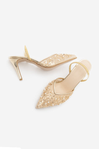 Kadın Stiletto İşlemeli File Boncuklu Topuklu Ayakkabı Sendi - Altın