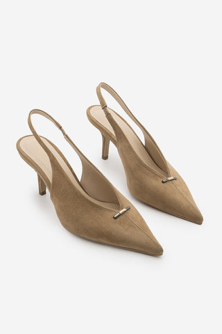 Kadın Stiletto Sivri Burun Tokalı Klasik Topuklu Ayakkabı Agira - Camel Süet