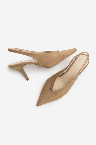 Kadın Stiletto Sivri Burun Tokalı Klasik Topuklu Ayakkabı Agira - Camel Süet