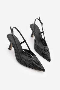 Kadın Stiletto Sivri Burun El Örgüsü Klasik Topuklu Ayakkabı Reveno - Siyah