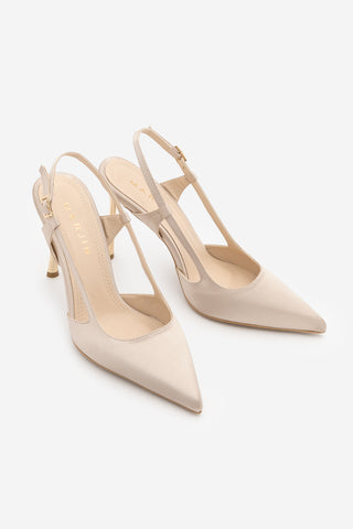 Kadın Stiletto Altın Metal İnce Ökçe Topuklu Ayakkabı Rigen - Bej Saten