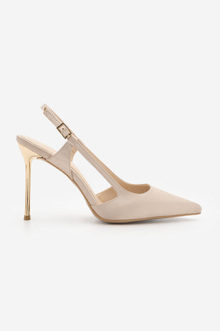 Kadın Stiletto Altın Metal İnce Ökçe Topuklu Ayakkabı Rigen - Bej Saten