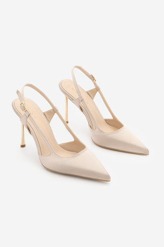 Kadın Stiletto Altın Metal İnce Ökçe Topuklu Ayakkabı Rigen - Bej Saten