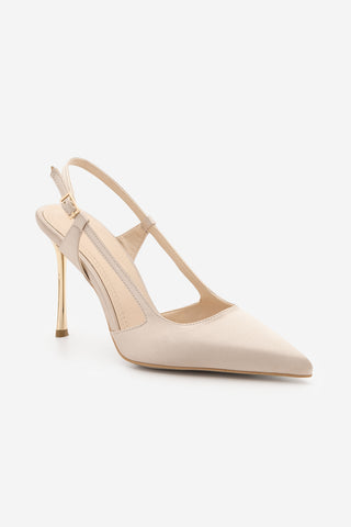 Kadın Stiletto Altın Metal İnce Ökçe Topuklu Ayakkabı Rigen - Bej Saten