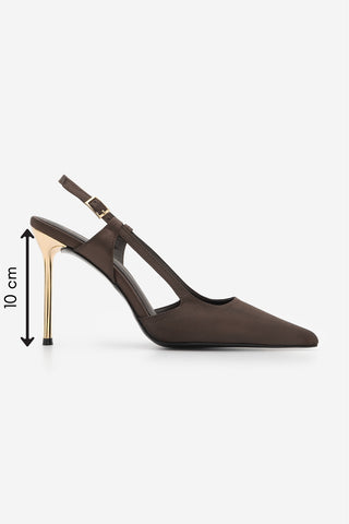 Kadın Stiletto Altın Boyama İnce Ökçe Topuklu Ayakkabı Rigen - Kahve Saten