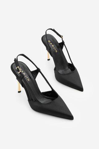 Kadın Stiletto Altın Metal İnce Ökçe Topuklu Ayakkabı Rigen - Siyah Saten