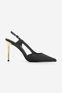 Kadın Stiletto Altın Metal İnce Ökçe Topuklu Ayakkabı Rigen - Siyah Saten