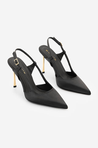 Kadın Stiletto Altın Metal İnce Ökçe Topuklu Ayakkabı Rigen - Siyah Saten