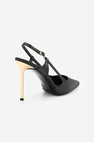Kadın Stiletto Altın Metal İnce Ökçe Topuklu Ayakkabı Rigen - Siyah Saten
