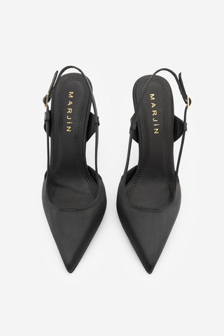 Kadın Stiletto Altın Metal İnce Ökçe Topuklu Ayakkabı Rigen - Siyah Saten