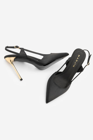 Kadın Stiletto Altın Metal İnce Ökçe Topuklu Ayakkabı Rigen - Siyah Saten