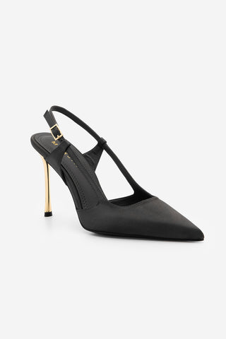 Kadın Stiletto Altın Metal İnce Ökçe Topuklu Ayakkabı Rigen - Siyah Saten