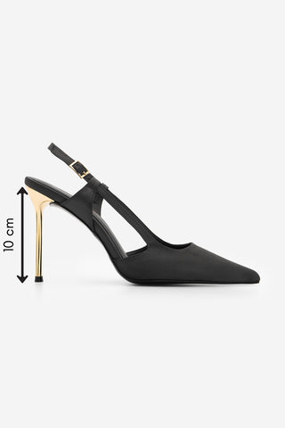 Kadın Stiletto Altın Metal İnce Ökçe Topuklu Ayakkabı Rigen - Siyah Saten