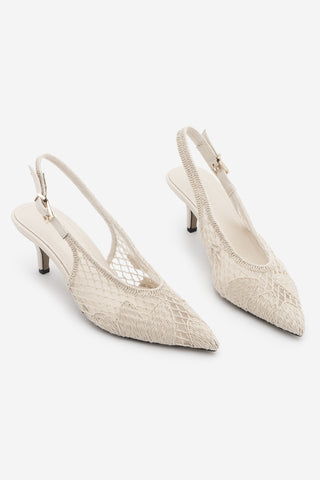 Kadın Stiletto Sivri Burun Fileli El Örgüsü Nakışlı Klasik Topuklu Ayakkabı Berzen - Ekru Hasır