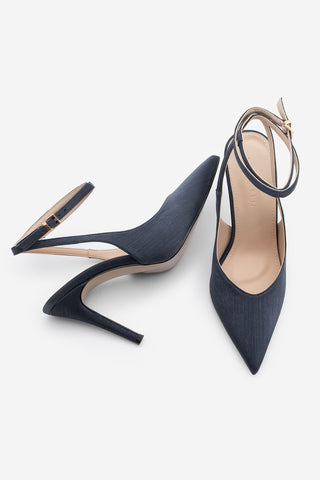 Kadın Stiletto Bilekten Bağlamalı Topuklu Ayakkabı Gisan - Lacivert Saten