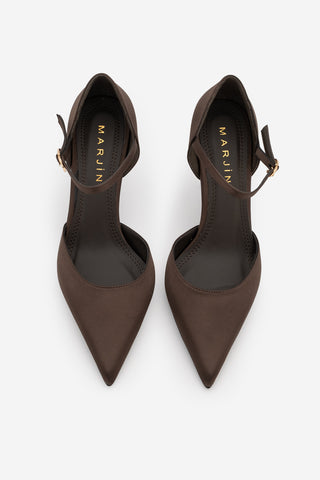 Kadın Stiletto Sivri Burun Topuklu Ayakkabı Peltun - Kahve Saten