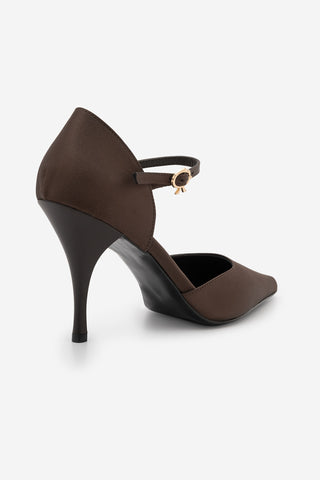 Kadın Stiletto Sivri Burun Topuklu Ayakkabı Peltun - Kahve Saten