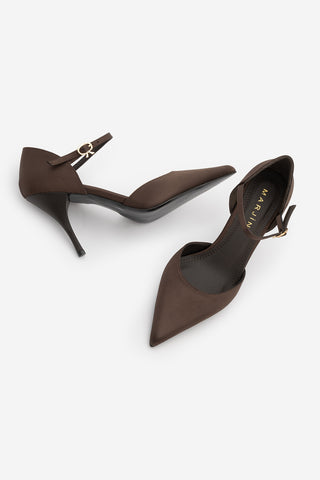 Kadın Stiletto Sivri Burun Topuklu Ayakkabı Peltun - Kahve Saten
