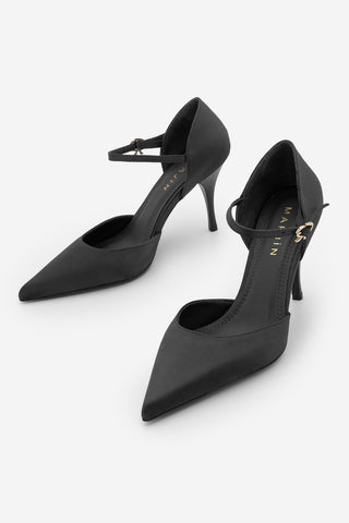 Kadın Stiletto Sivri Burun Topuklu Ayakkabı Peltun - Siyah Saten