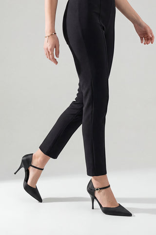 Kadın Stiletto Sivri Burun Topuklu Ayakkabı Peltun - Siyah Saten