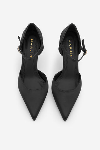 Kadın Stiletto Sivri Burun Topuklu Ayakkabı Peltun - Siyah Saten