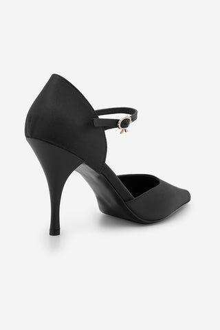 Kadın Stiletto Sivri Burun Topuklu Ayakkabı Peltun - Siyah Saten