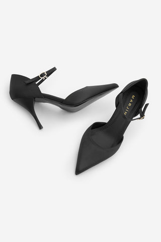 Kadın Stiletto Sivri Burun Topuklu Ayakkabı Peltun - Siyah Saten