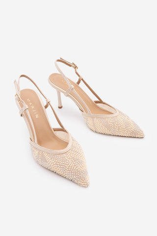 Kadın Stiletto Boncuklu Fileli Klasik Topuklu Ayakkabı Mozila - Bej Saten