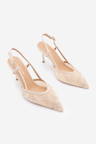 Kadın Stiletto Boncuklu Fileli Klasik Topuklu Ayakkabı Mozila - Bej Saten