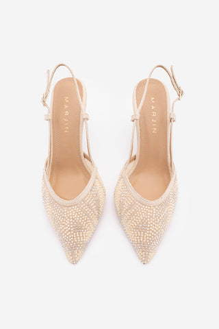 Kadın Stiletto Boncuklu Fileli Klasik Topuklu Ayakkabı Mozila - Bej Saten