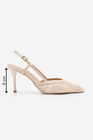 Kadın Stiletto Boncuklu Fileli Klasik Topuklu Ayakkabı Mozila - Bej Saten