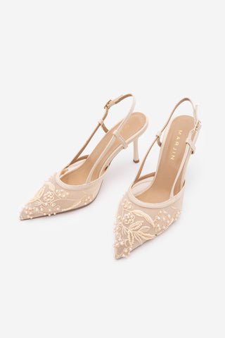 Kadın Stiletto Boncuklu Fileli Nakışlı Klasik Topuklu Ayakkabı Melarin - Bej Saten