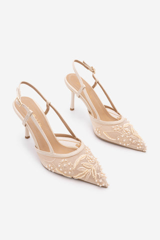 Kadın Stiletto Boncuklu Fileli Nakışlı Klasik Topuklu Ayakkabı Melarin - Bej Saten