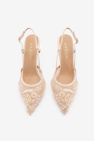 Kadın Stiletto Boncuklu Fileli Nakışlı Klasik Topuklu Ayakkabı Melarin - Bej Saten