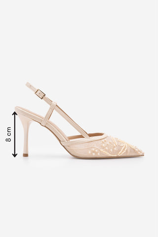Kadın Stiletto Boncuklu Fileli Nakışlı Klasik Topuklu Ayakkabı Melarin - Bej Saten