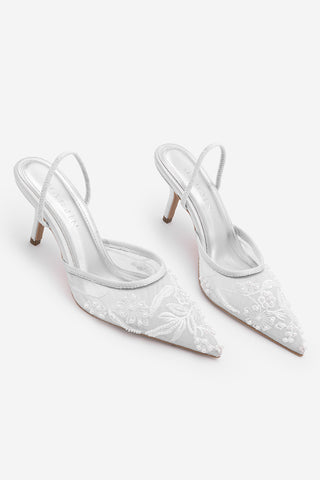 Kadın Stiletto Boncuklu Fileli Nakışlı İşlemeli Klasik Topuklu Ayakkabı Velsedi - Gümüş Saten