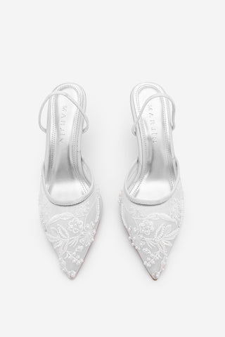 Kadın Stiletto Boncuklu Fileli Nakışlı İşlemeli Klasik Topuklu Ayakkabı Velsedi - Gümüş Saten