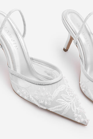 Kadın Stiletto Boncuklu Fileli Nakışlı İşlemeli Klasik Topuklu Ayakkabı Velsedi - Gümüş Saten