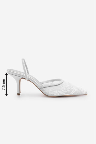 Kadın Stiletto Boncuklu Fileli Nakışlı İşlemeli Klasik Topuklu Ayakkabı Velsedi - Gümüş Saten